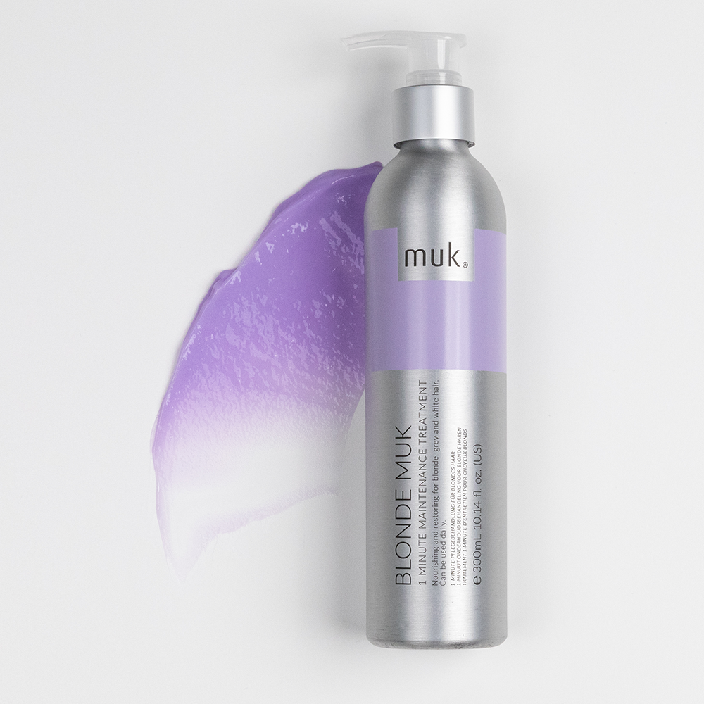 Best purple shampoo South Africa muk blonde mix minute maintenance treatment in silver bottle with purple lotion swatch