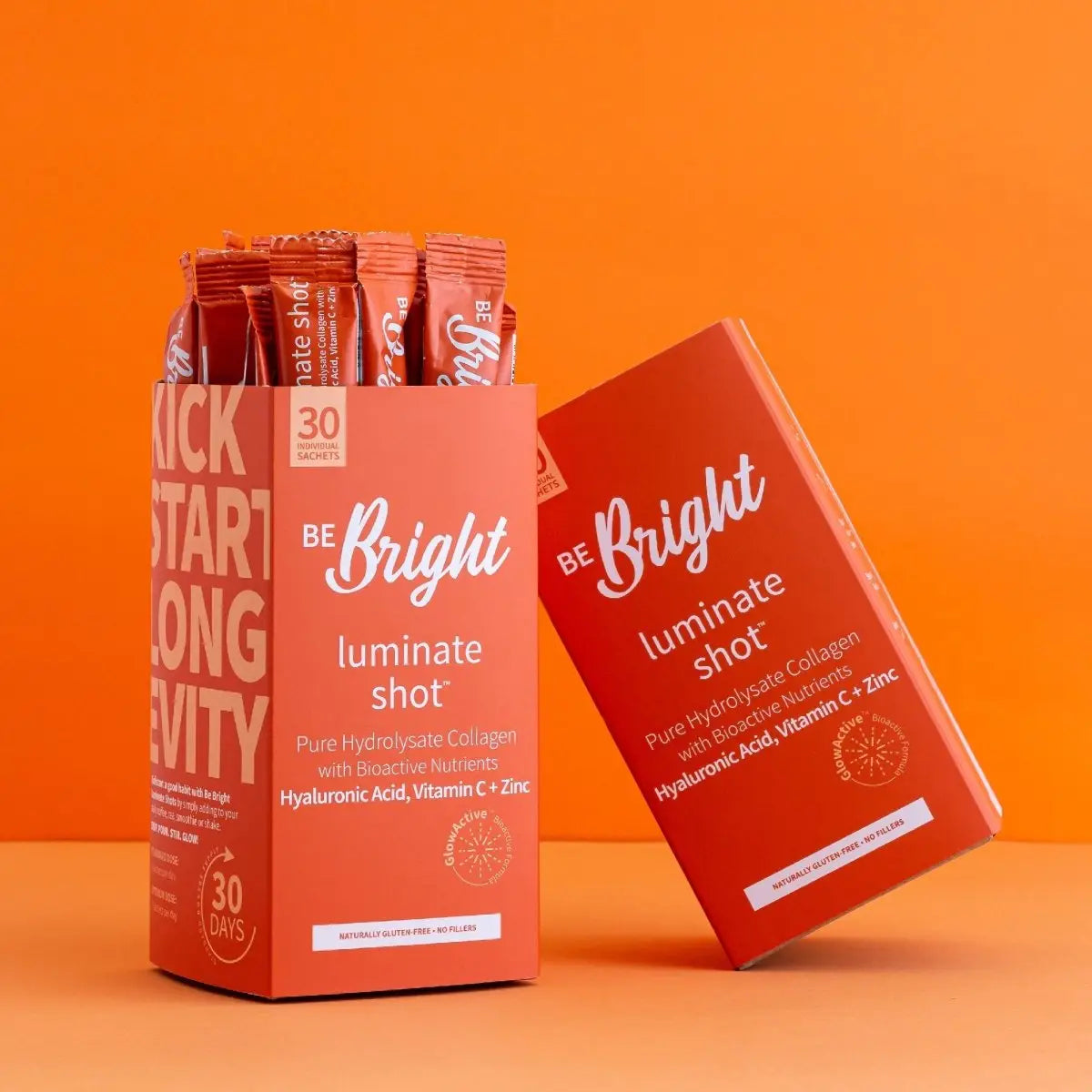 Be Bright Luminate Collagen Shot Packets in vibrant orange and red from Be Bright Collagen.