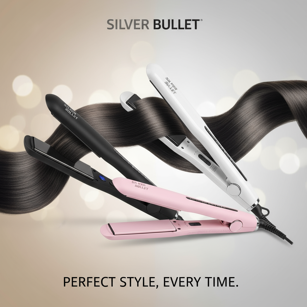 Professional hair straighteners collection featuring Silver Bullet Lightning Titanium, White Heat Max, and Glide Ceramic flat irons for salon-quality styling