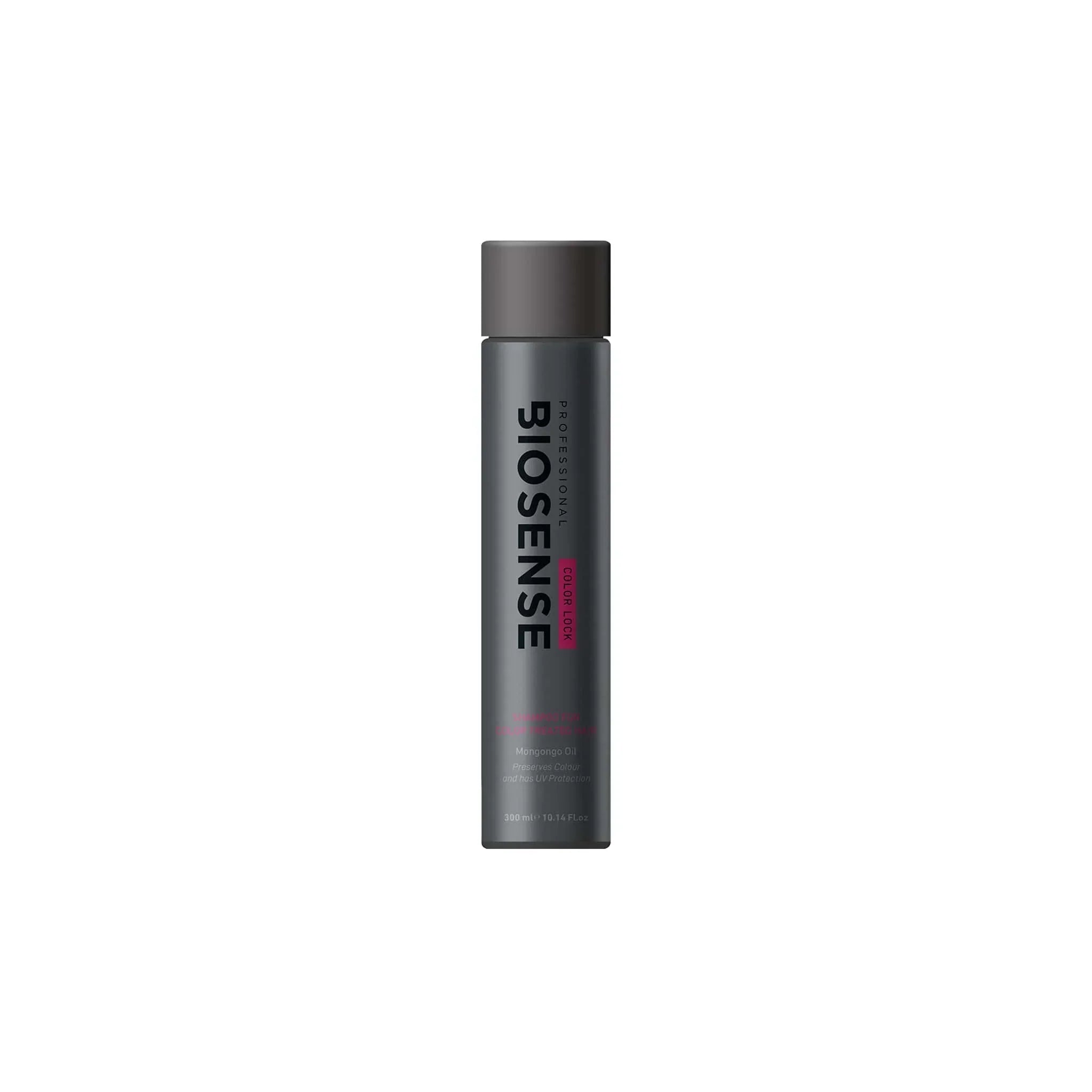 Dark gray BIOSENSE shampoo bottle with black and pink lettering for hair care products.