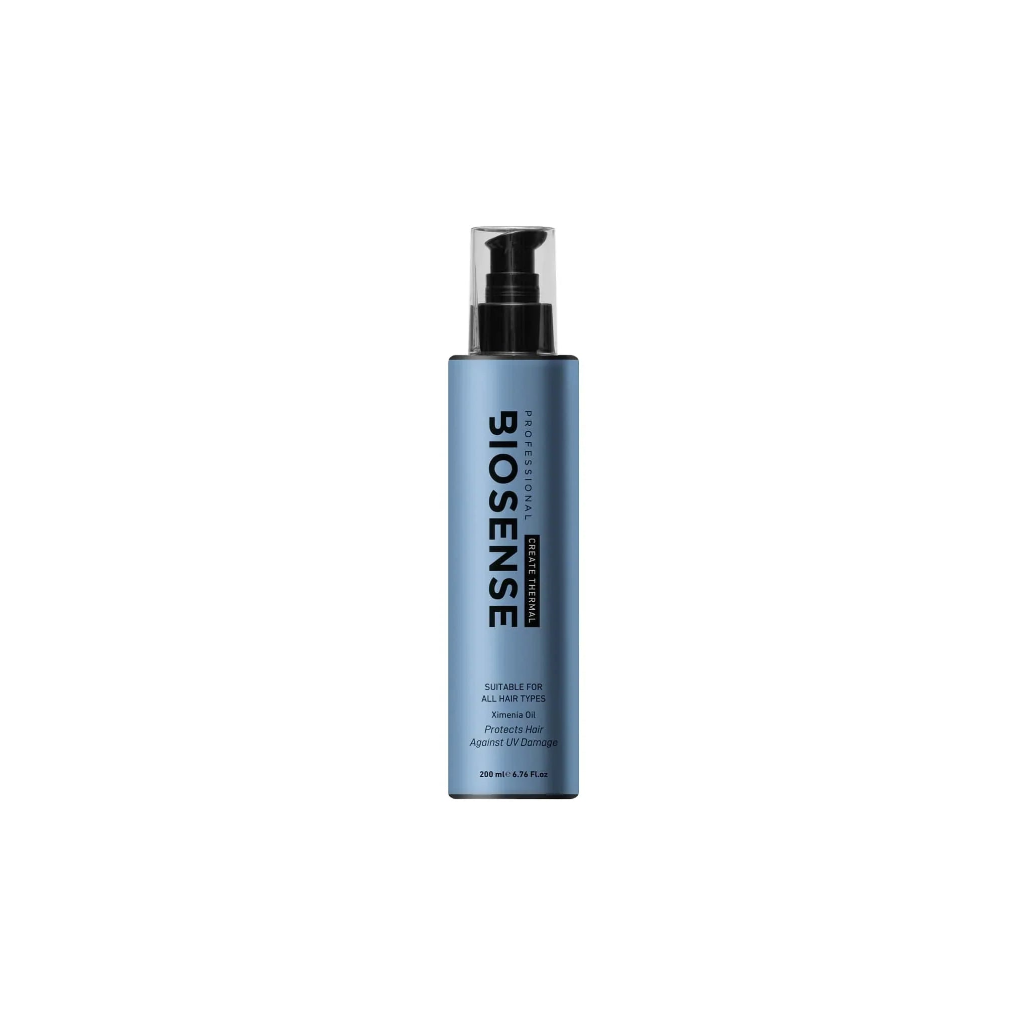 Blue cylindrical bottle of 5IOSENSE hair product hydrates hair in Biosense collection.