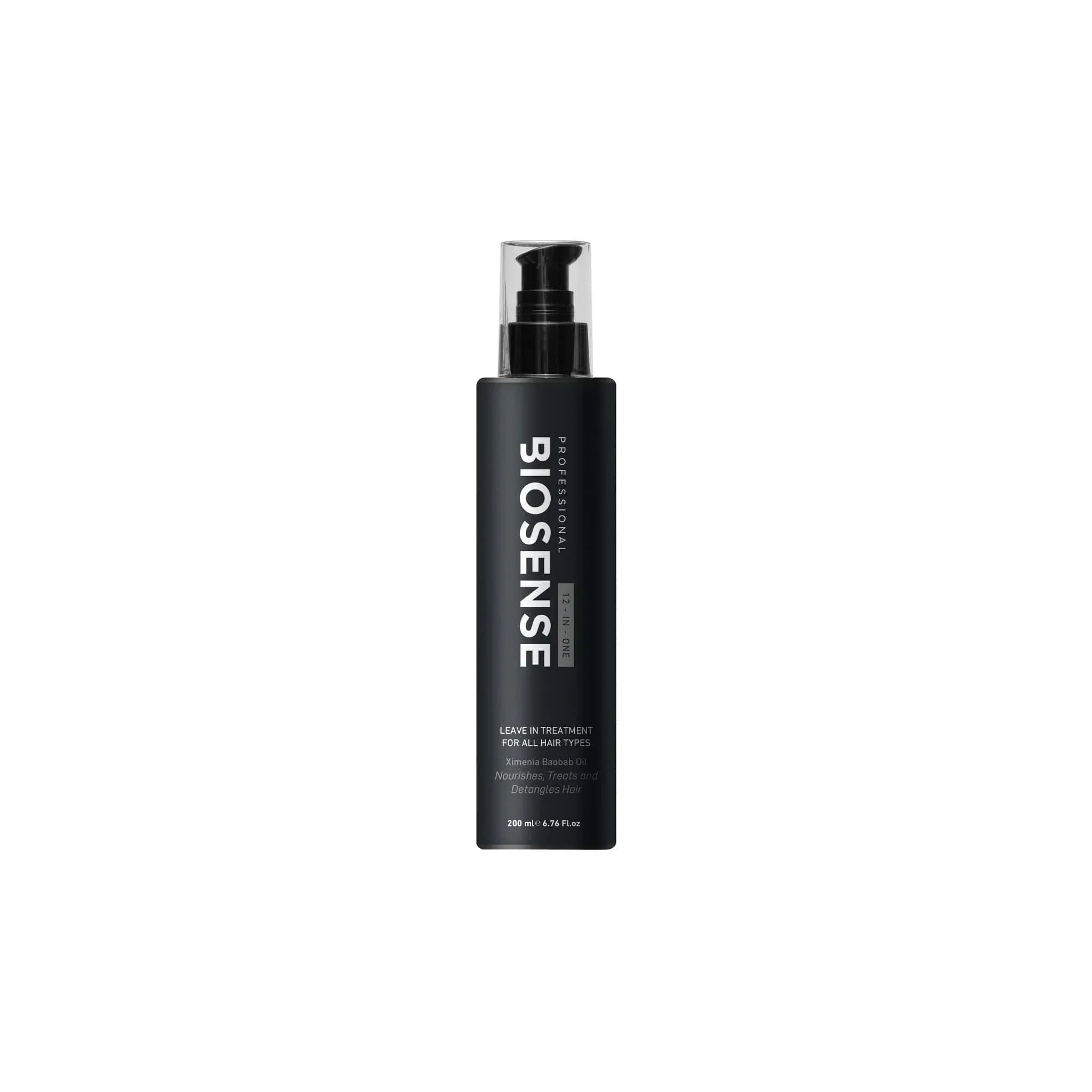 Black Biosense skincare treatment bottle with pump dispenser for hair care products.