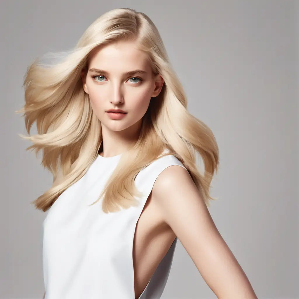 Young woman with blonde hair in white top promoting blonde hair shampoo collection