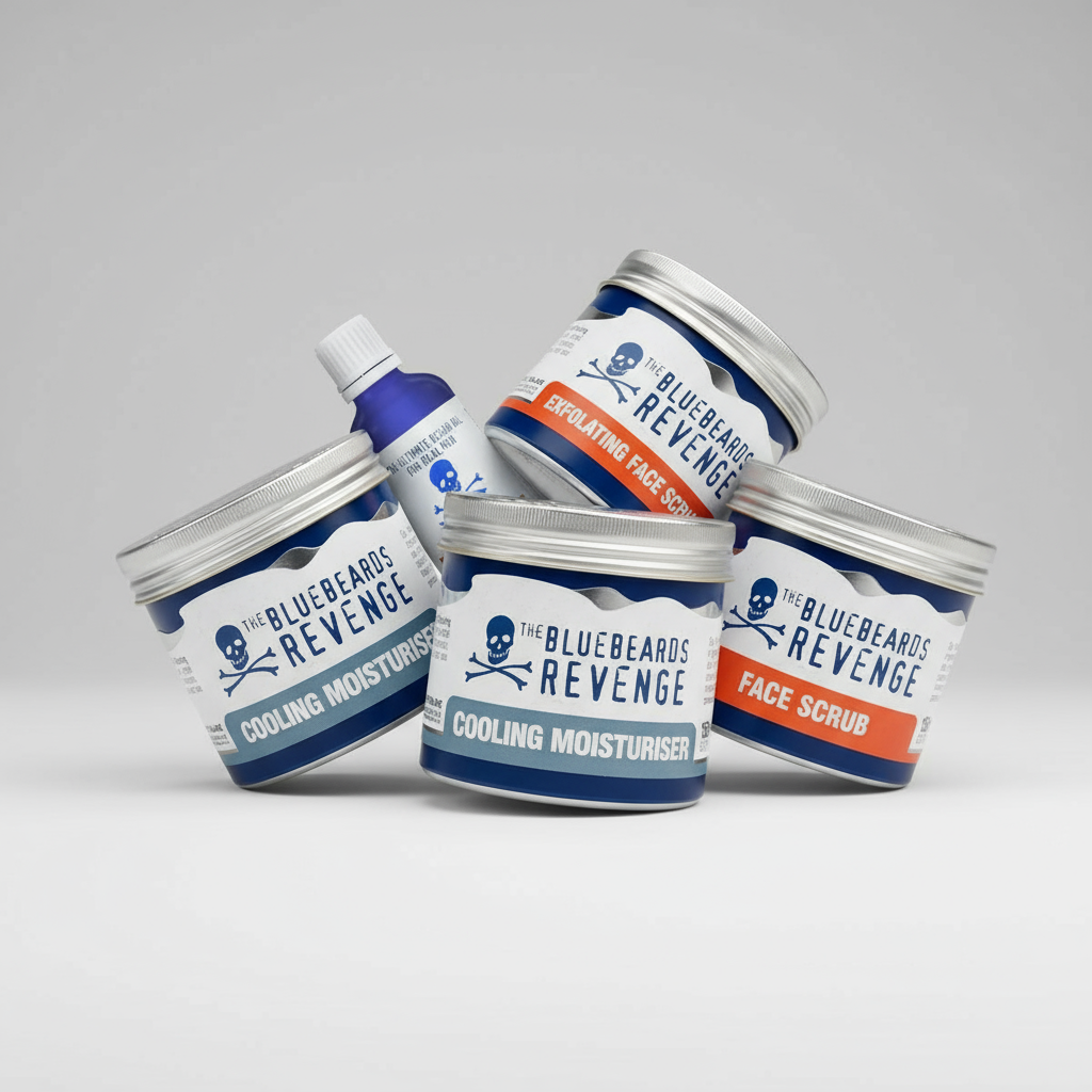 Bluebeards Revenge premium men's grooming products including after shave moisturiser, face scrub and beard oi