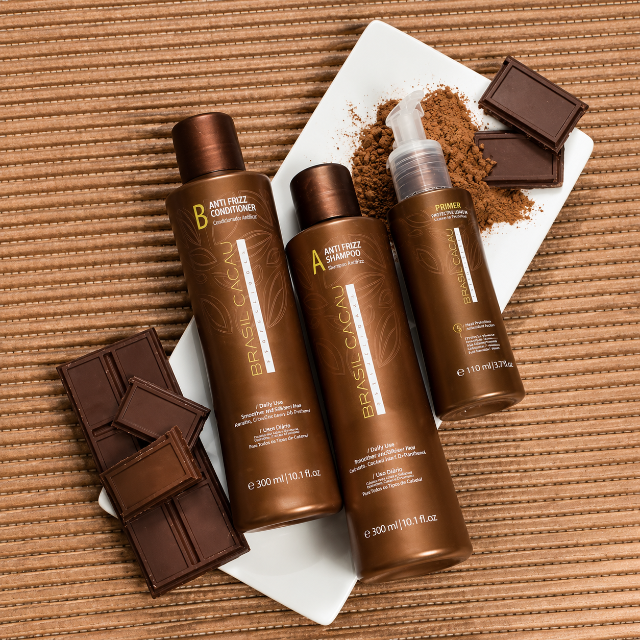 Brasil Cacau Brazilian keratin hair care products including anti-frizz shampoos, conditioners, repair treatments and smoothing serums
