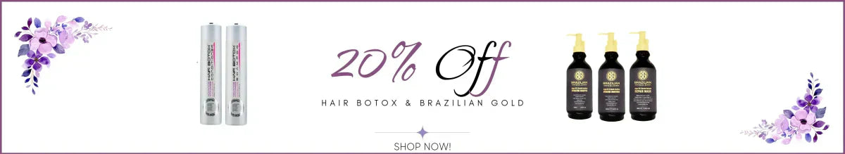 Promotional banner for 20% off hair care in Brazilian Gold collection with floral accents.