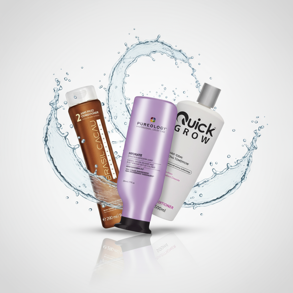 Hair conditioner for dry damaged and frizzy hair featuring Brasil Cacau Pureology and biotin formulas