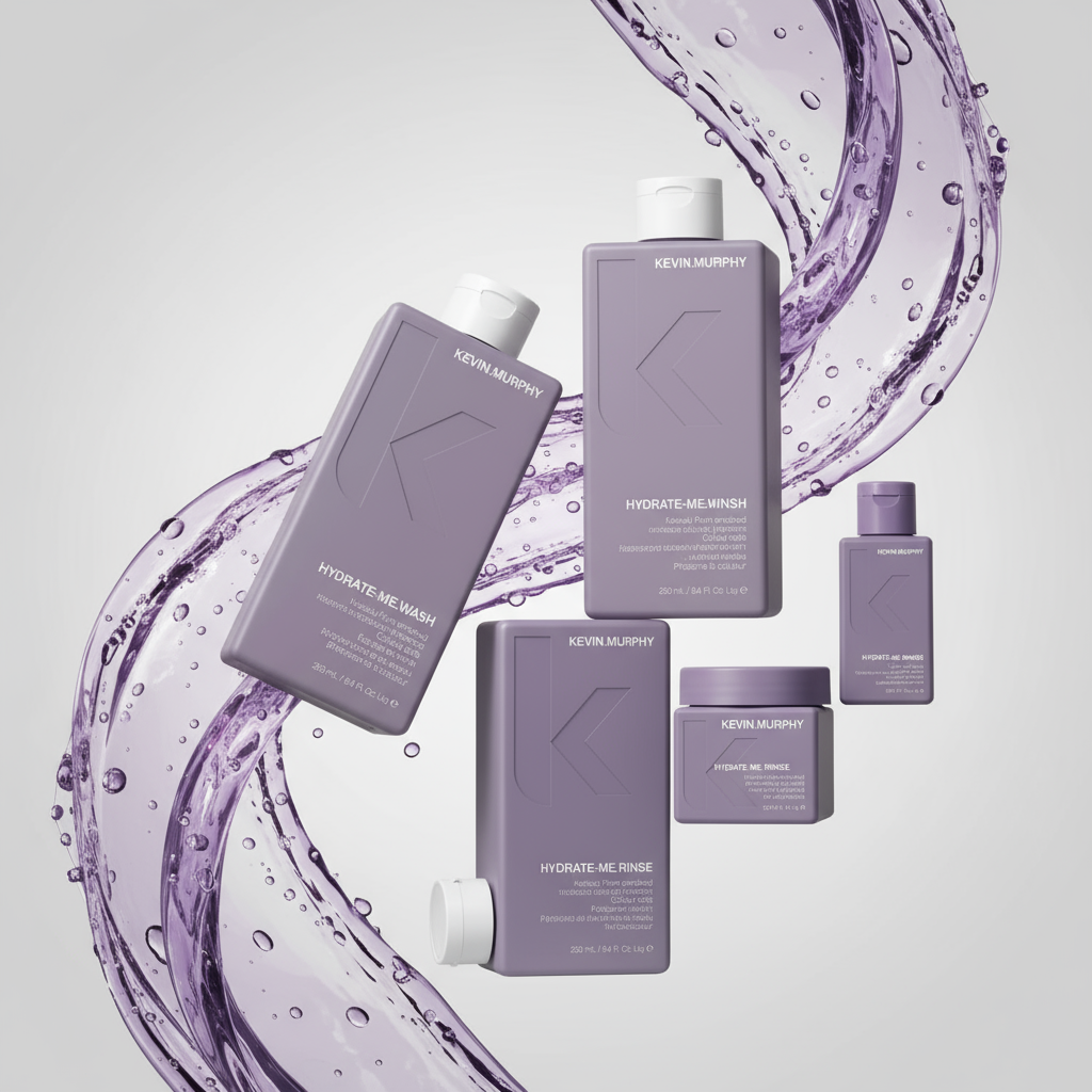  Murphy Hydrate collection flatlay featuring sulfate-free shampoo, conditioner and hair masque with natural accessories on white background