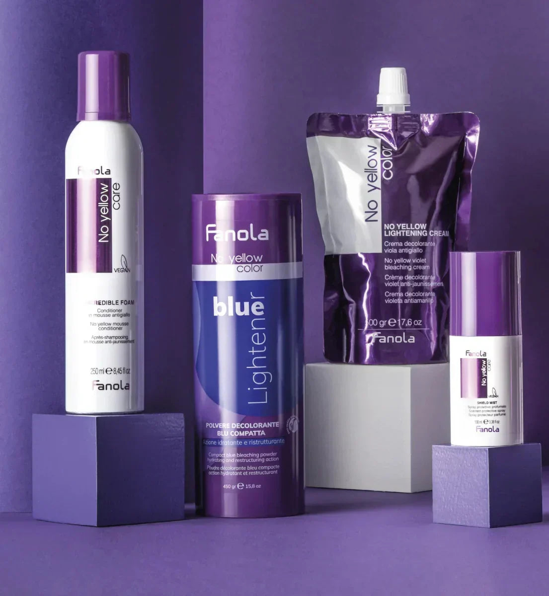Fanola Color Care Products for Vibrant Hair Health displayed with no yellow shampoo and lightener on a purple background.