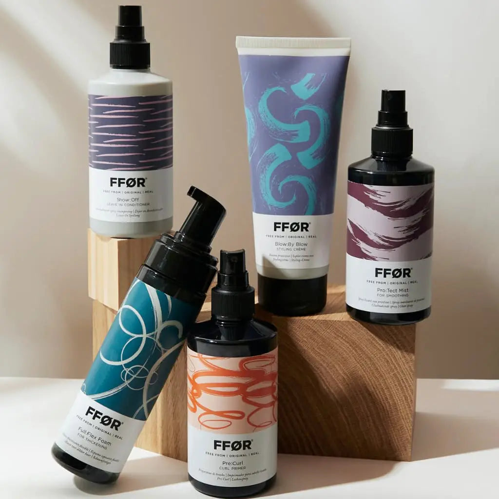 FFOR hair care collection: Sulfate-free 300ml shampoos, conditioners in vibrant designs.