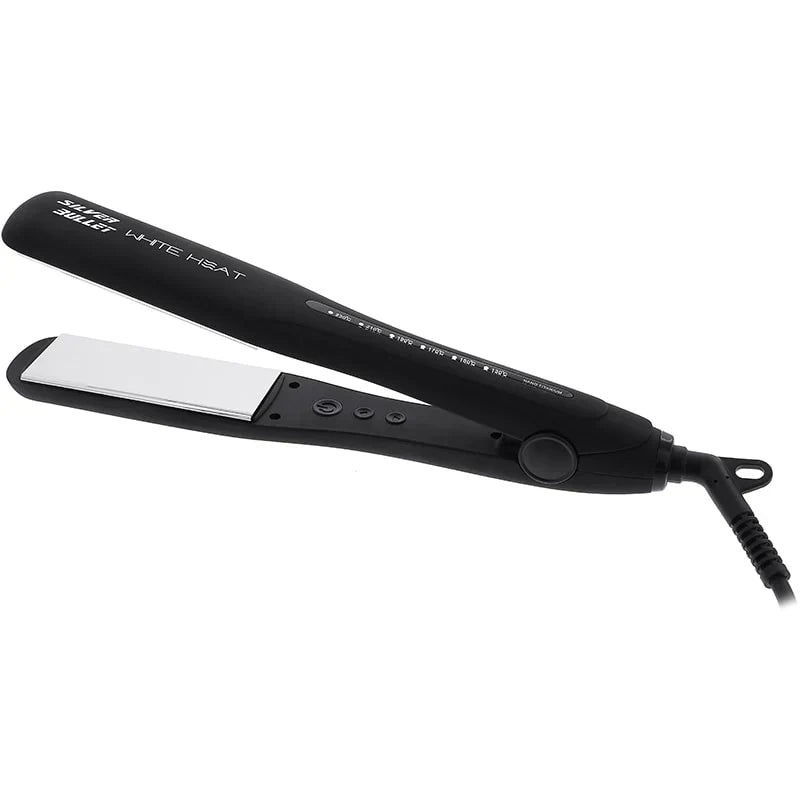 Black hair straightener with white ceramic plates and temperature controls - Silver Bullet.