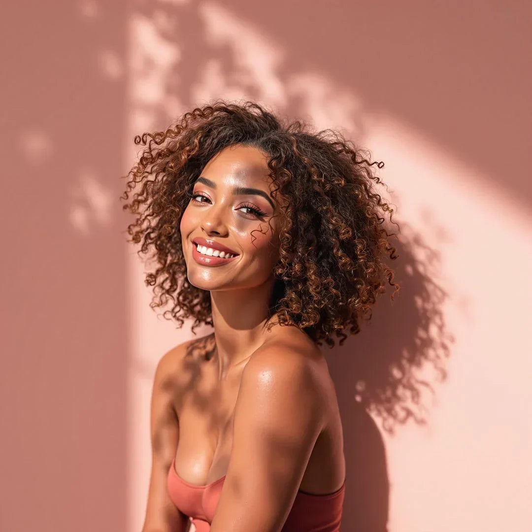 Beautiful model with frizzy hair, glowing skin, and a radiant smile in humid climates.