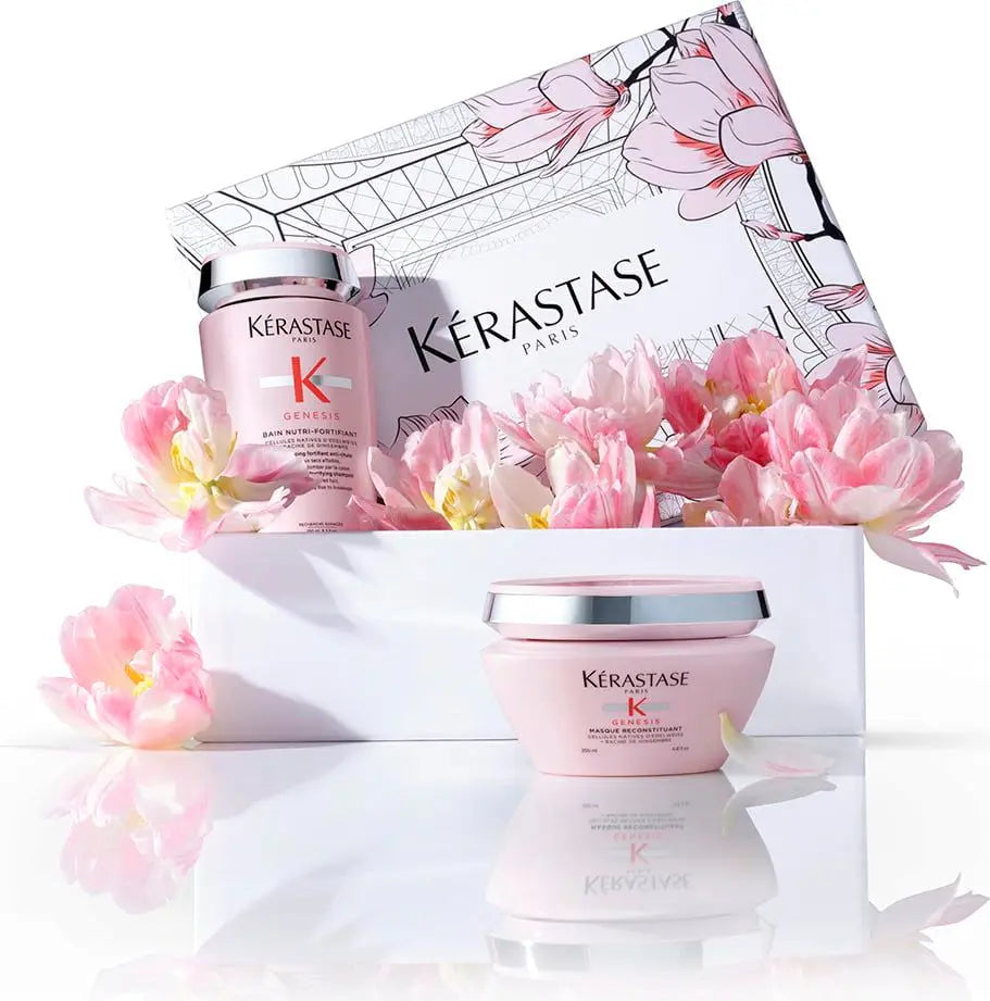 Kerastase gift sets - Pink packaging & floral accents for 2021. Shampoo & conditioner included.