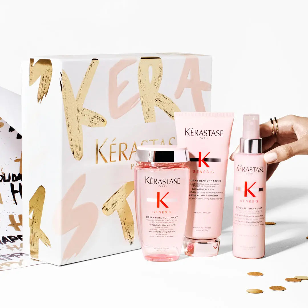 Kérastase hair care product set in pink bottles and decorative box, perfect for gift set sale.