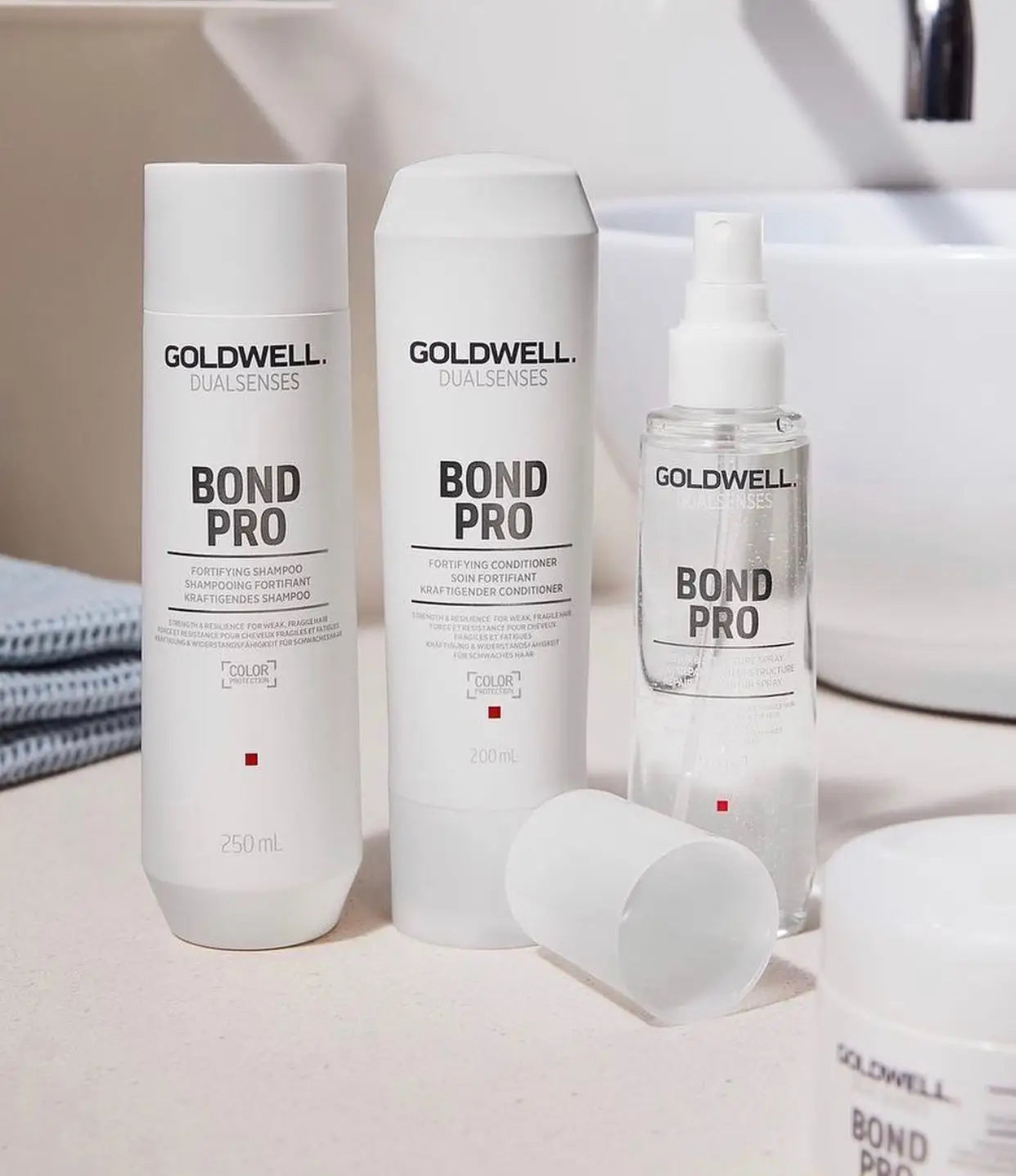 Goldwell Bond Pro hair care products: shampoo, conditioner, serum for stronger hair.