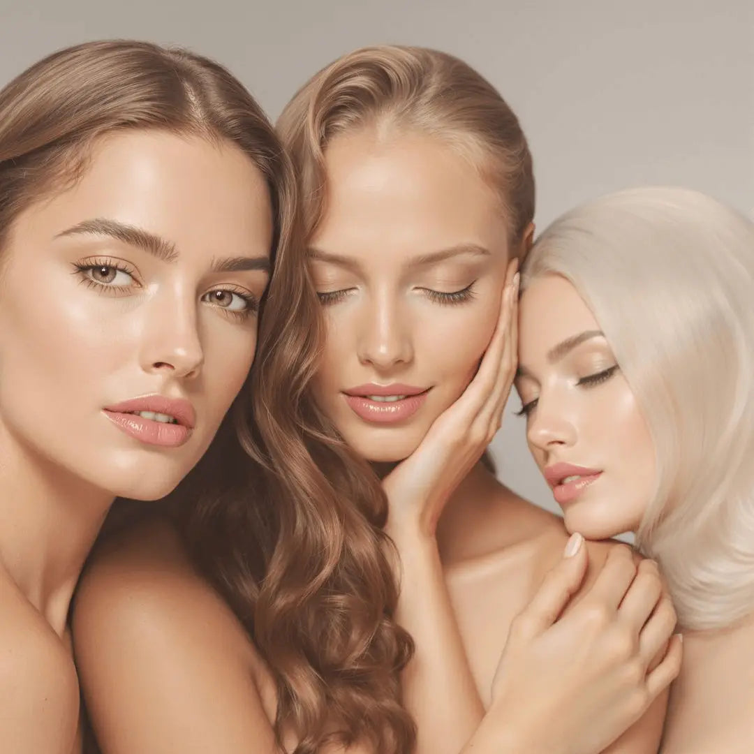 Three fair-skinned women with glossy hair showcasing Hair Health and Beauty professional collection
