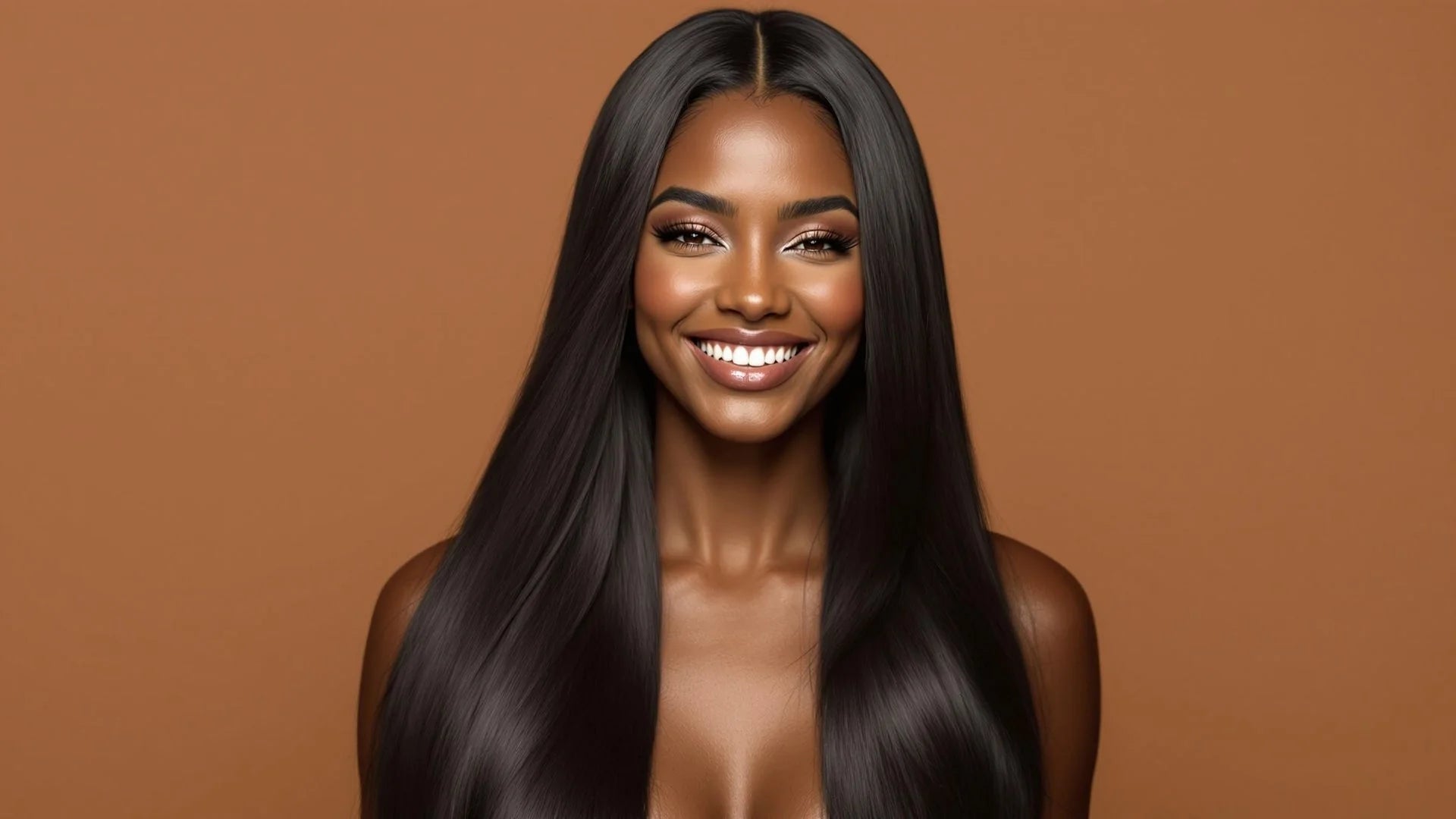 Woman in sleek black dress, long flowing hair styled with Matrix Total Results tools.