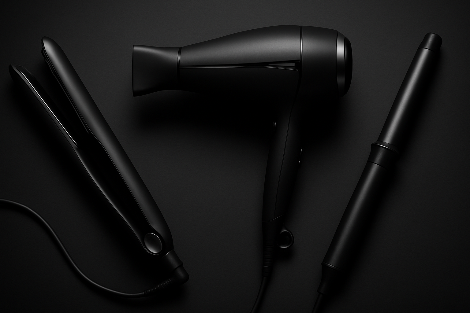 Professional hair styling tools including straighteners, curling irons, and hair dryers
