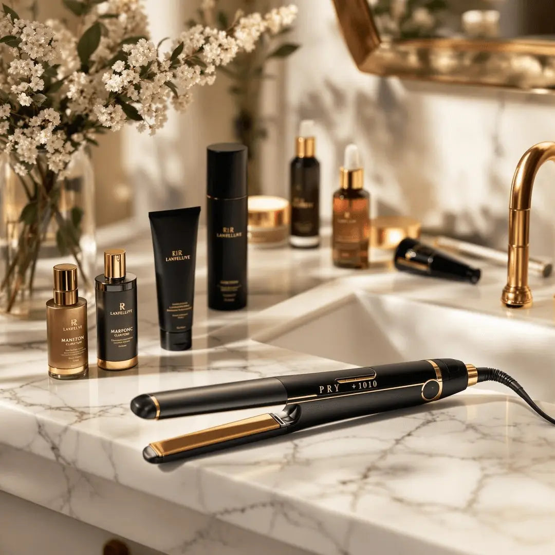 Black and gold hair straightener from Hair Tools collection on sleek storage shelf