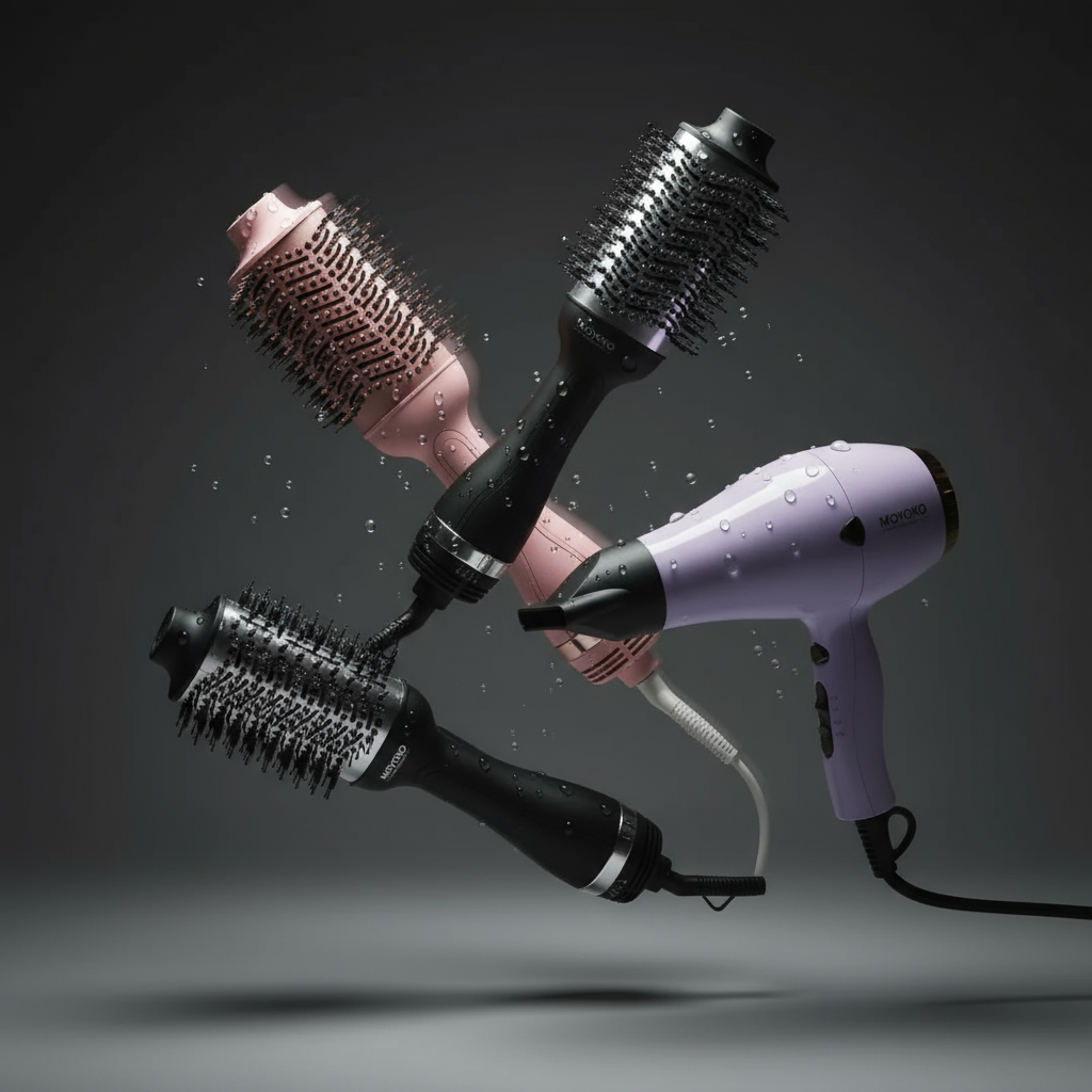 Professional hairdryers and blow dry brushes including Moyoko Magnitude Blowbrush and E8 Hairdryer - salon-quality styling tools
