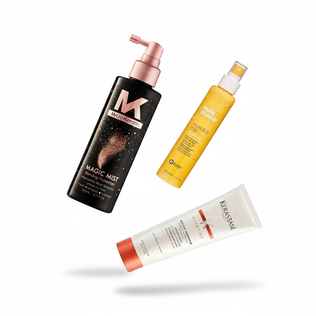 Heat protection spray hair collection featuring Mycro Keratin Magic Mist, Milk Shake Incredible Milk, and Kérastase Nectar Thermique - professional hair spray for heat protection up to 230°C at Partners Hair South Africa
