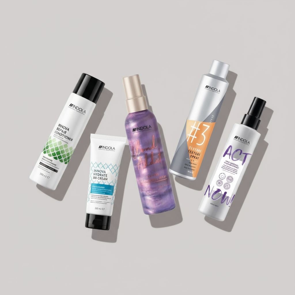 Indola professional hair care products including repair conditioners, BB creams, shimmer sprays and styling products