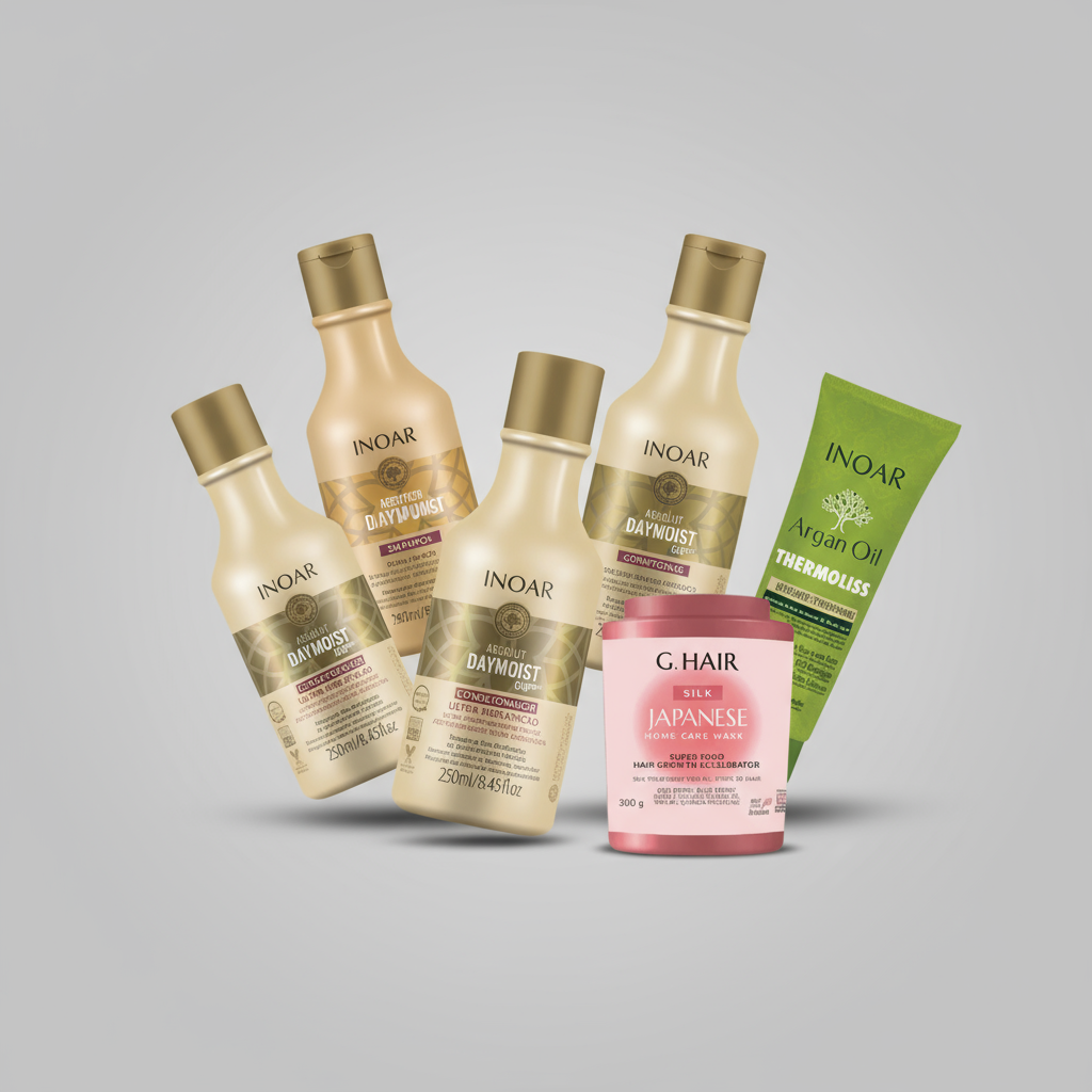 Inoar Brazilian keratin treatment products including hydrating shampoos, blonde care, silk masks and anti-frizz styling balms