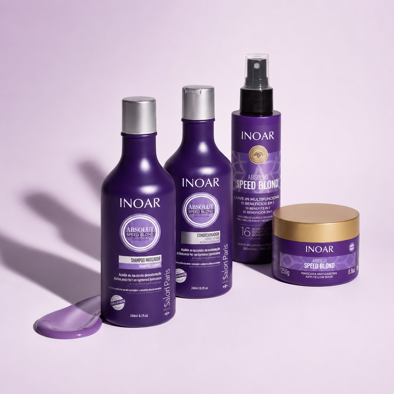 Inoar Brazilian keratin treatment products including hydrating shampoos, blonde care, silk masks and anti-frizz styling balms