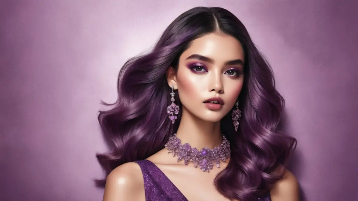 Woman with vibrant purple hair and matching jewelry from Inoar & Fanola collection.