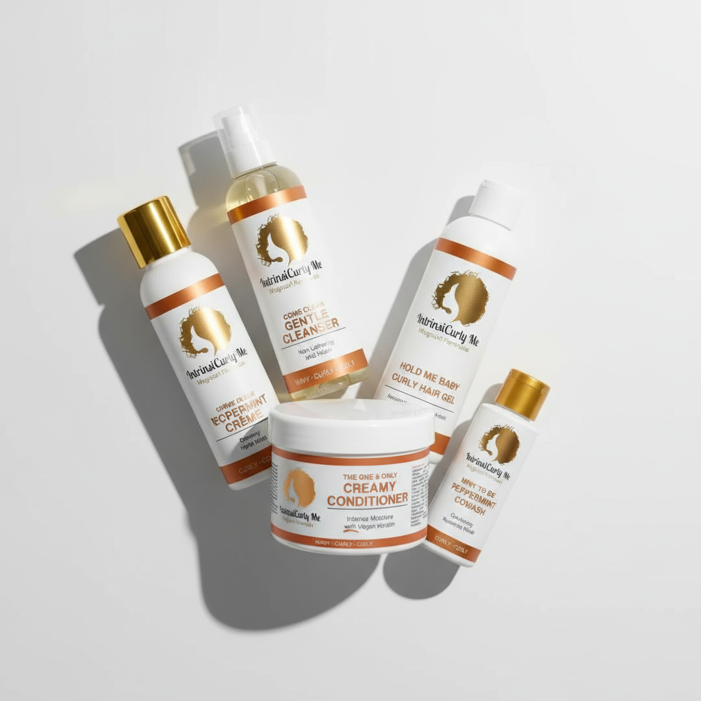 Intrinsicurly Me curly hair care products including curl crème, hair gel, gentle cleanser, vegan conditioner and peppermint cowash