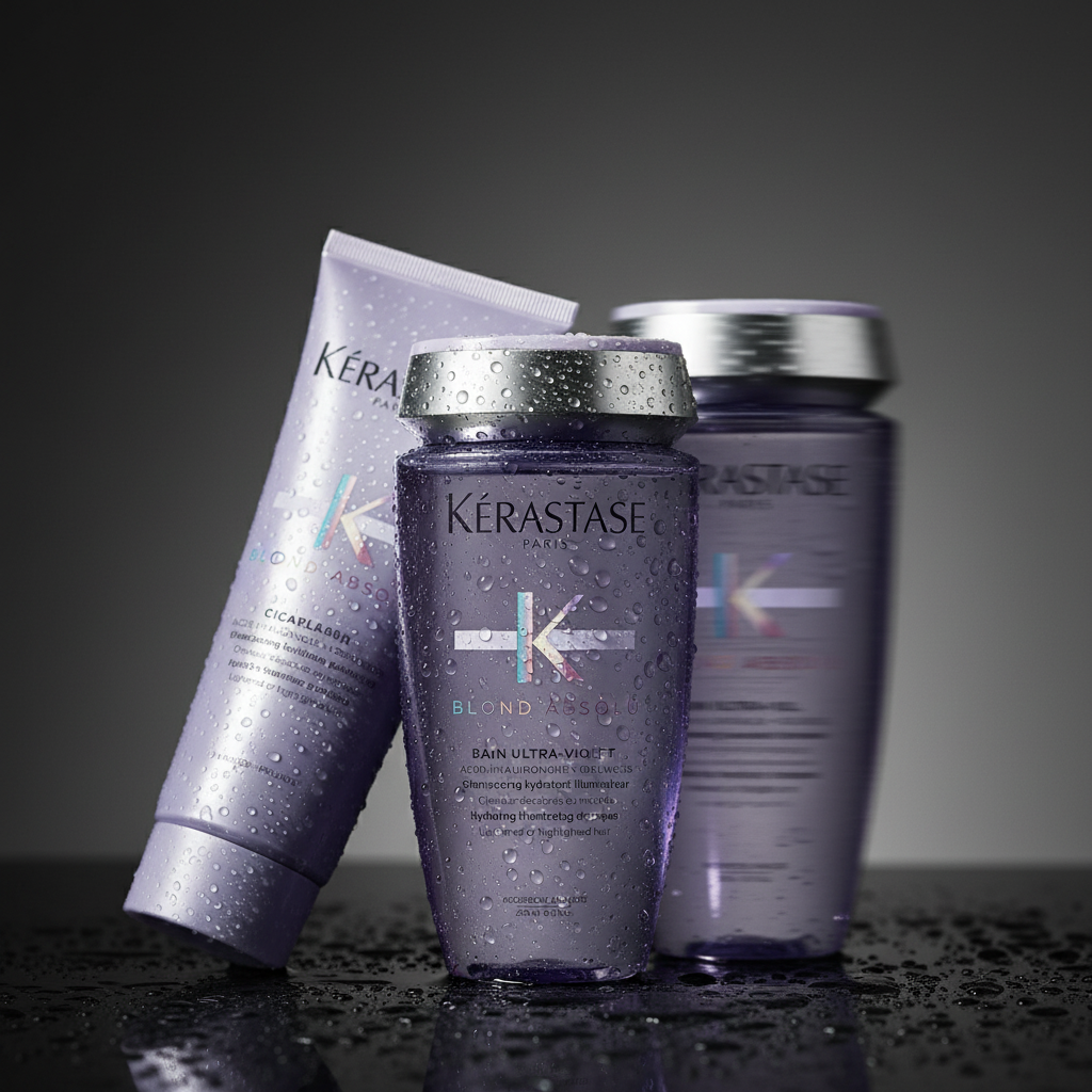 Kérastase Blond Absolu collection - purple shampoo, conditioner and treatments for blonde hair color protection and brass neutralization
