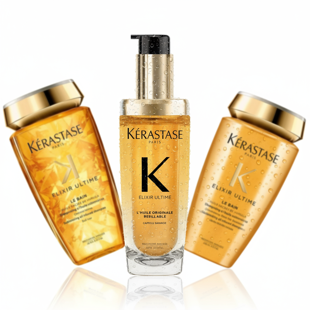 Kérastase Elixir Ultime refillable collection featuring L'Huile Originale precious hair oil with marula, argan, camellia and pracaxi oils for shine and nourishment