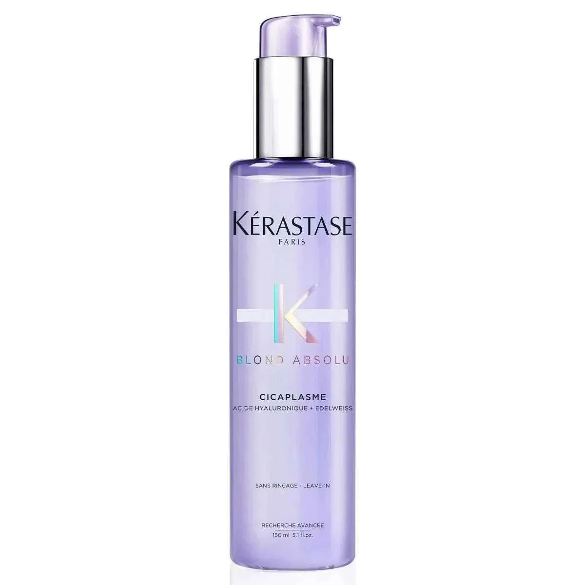 Kérastase Blond Absolu Cicaplasme Hair Serum in a sleek, lavender bottle with silver cap, designed for caring for blonde or highlighted hair.