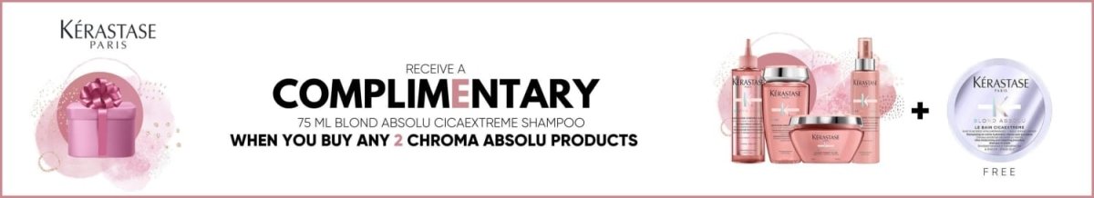 Promotional banner for Kérastase Chroma Absolu with complimentary item on purchase.