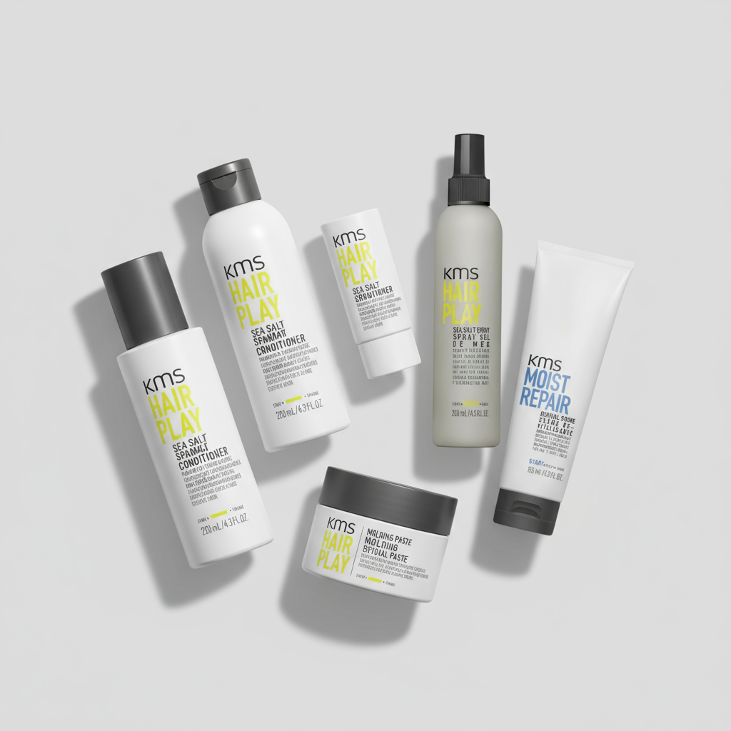 KMS professional salon hair care products including repair shampoos, conditioners, styling sprays and molding pastes