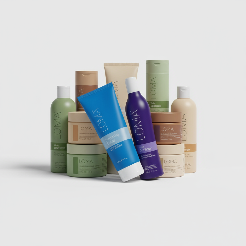 Loma organic natural hair care products including smoothing crème and violet conditioner