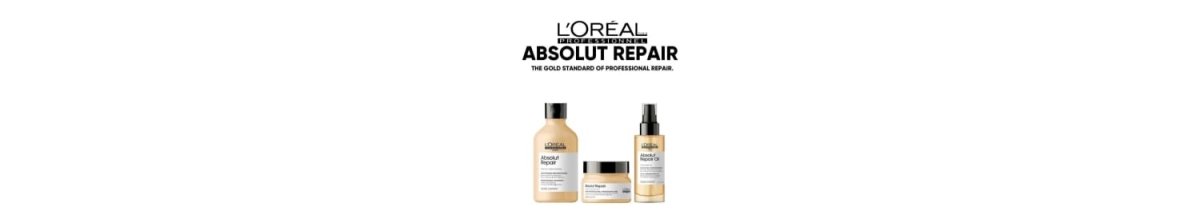 Three L’Oréal Professionnel Absolut Repair products in gold and black packaging.