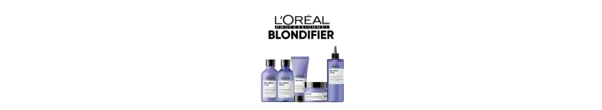 Collection of L’Oréal Professionnel Blondifier hair care products in purple packaging.