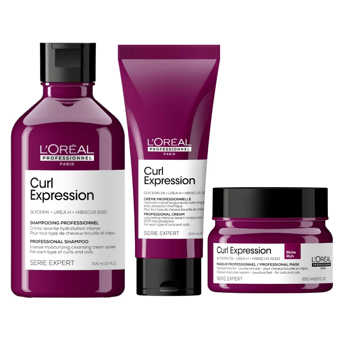 Advertisement for L’Oréal Curl Expression with curly hair products and a model with voluminous curls.