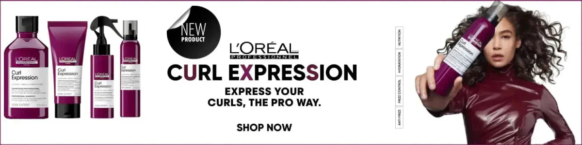 Advertisement for L’Oréal Curl Expression with curly hair products and a model with voluminous curls.