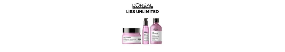 L’Oréal Professionnel Liss Unlimited hair care products: jar and two bottles.