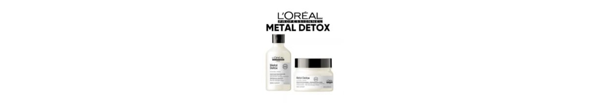 L’Oréal Professionnel Metal Detox hair care products collection: white bottle and jar.