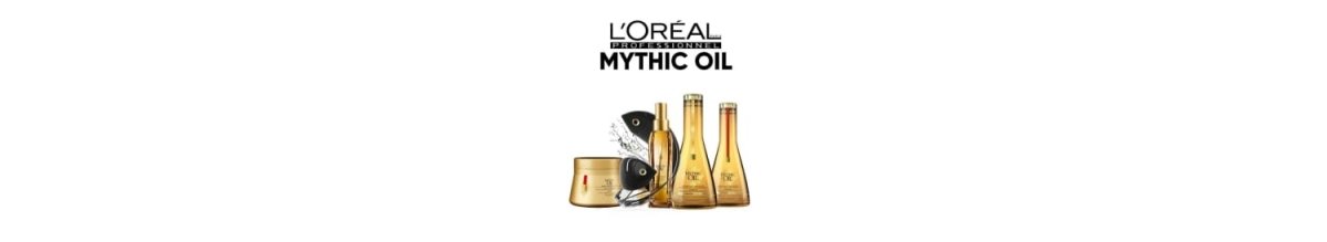 Collection of L’Oréal Professionnel Mythic Oil hair care products in gold bottles and containers.