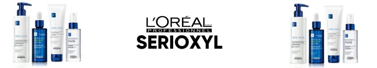 L’Oréal Professionnel Serioxyl hair care collection in sleek white and blue packaging.