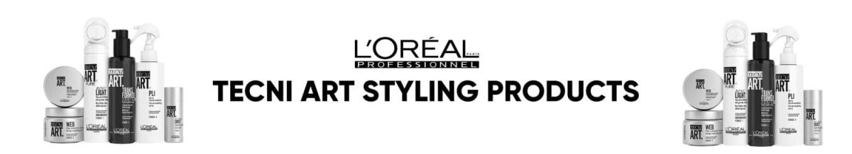 Collection of L’Oréal Professionnel Tecni Art hair styling products in black and white.