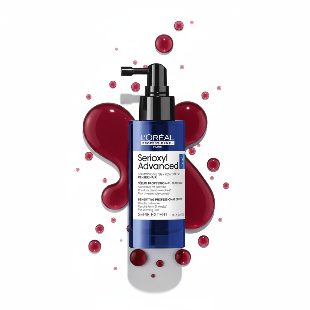 L’Oréal Professionnel Serioxyl hair care collection in sleek white and blue packaging.