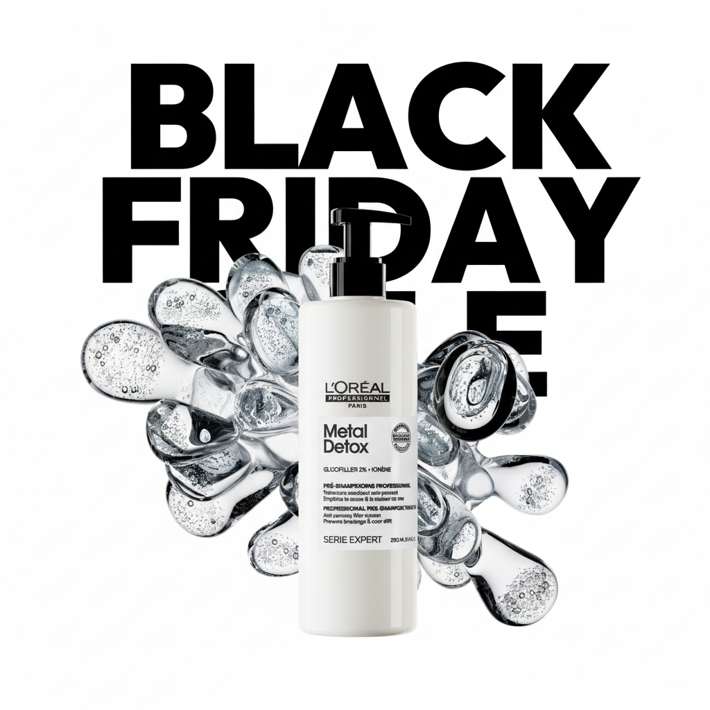  L'Oréal Professionnel  Metal Detox Pre-Shampoo Treatment is centered against a white background. The bottle is surrounded by abstract, clear, liquid bubble shapes. Behind the product, large, bold, black text reads "BLACK FRIDAY SALE".