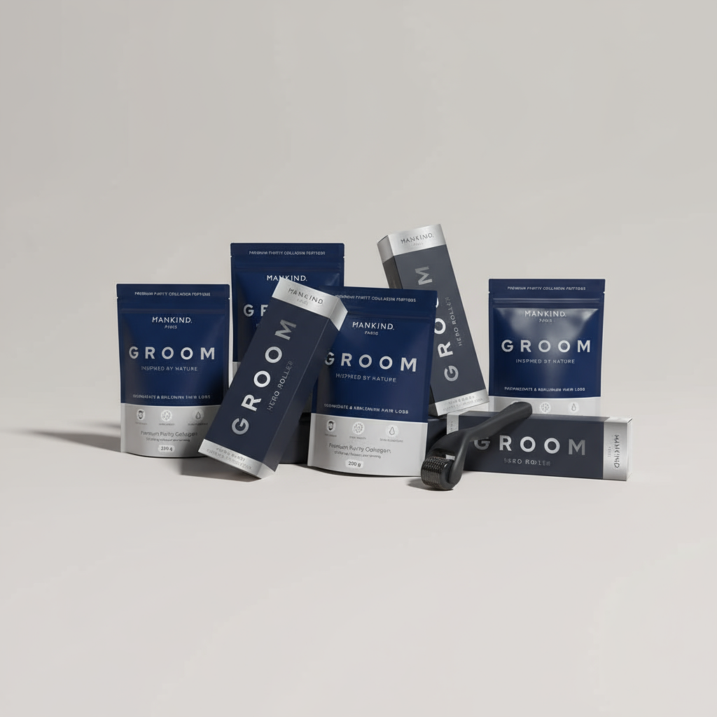 Mankind men's collagen grooming products including groom collagen supplement and hero roller