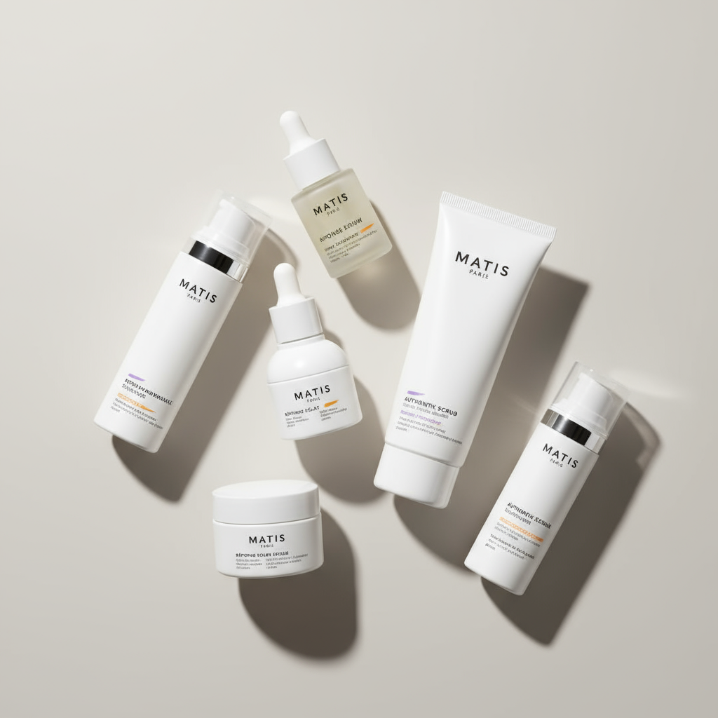 Collection of Matis Paris skincare products featuring bottle, tube, and jar in Matis Skincare.