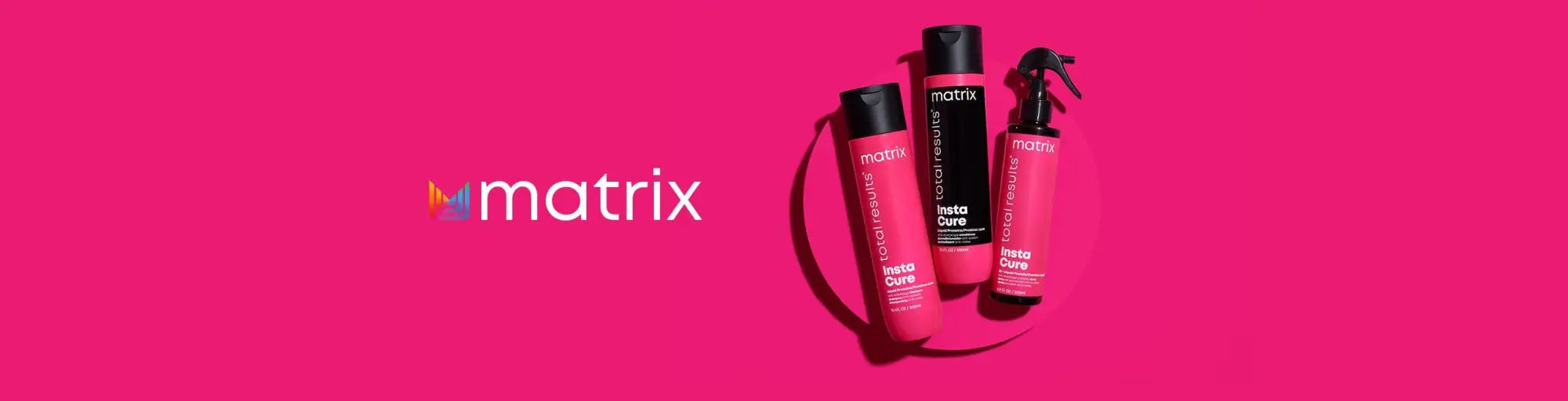 Matrix Total Results hair care products displayed on a vibrant pink background.
